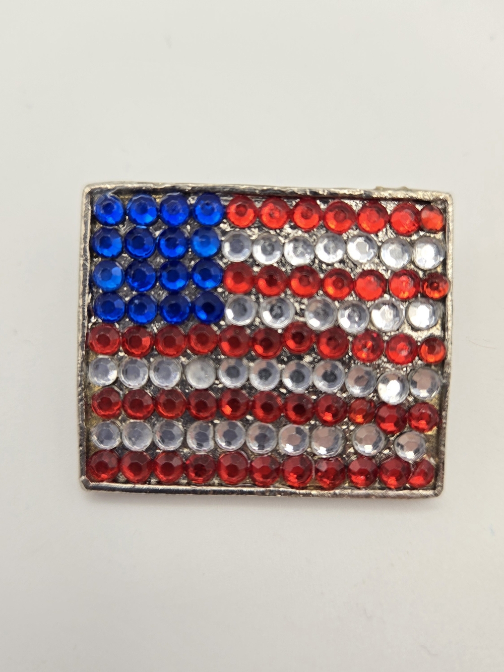 Square Rhinestone American Flag Pin Red White Blue Silver-Tone Modern Patriotic
